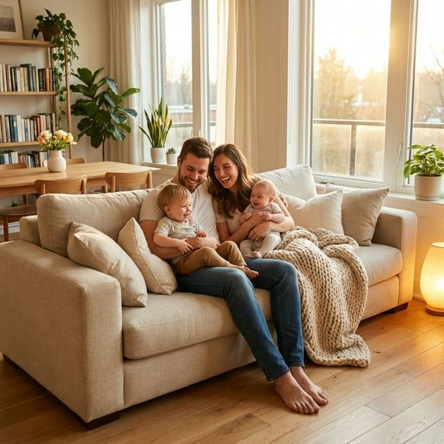 Family relaxing at home after financing home repairs through Eve