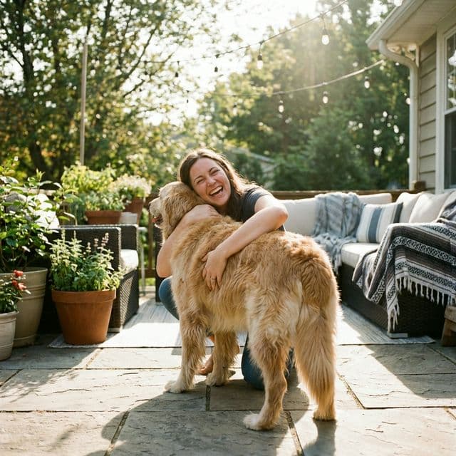 Happy consumer with pet after using Eve Financial affordable financing for veterinary care